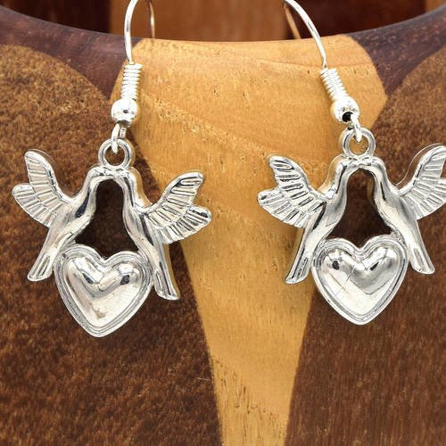 Boucles d'oreilles coeurs colombes, clips coeur et oiseaux argentés 