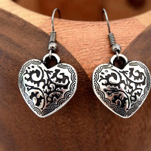 Boucles d'oreille coeurs argent gravé, clips d'oreilles coeurs 