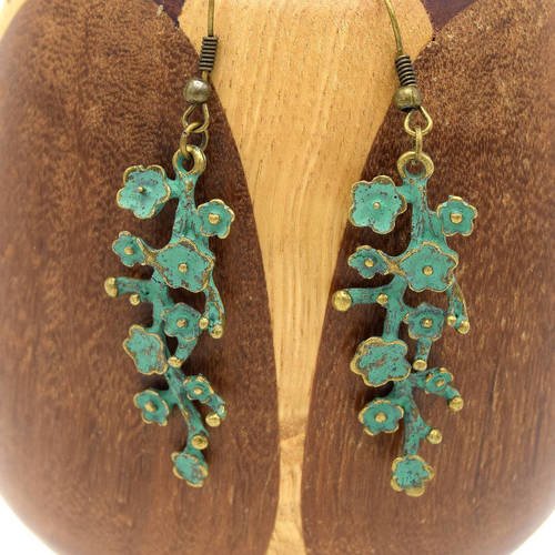 Boucles d'oreille branches fleuries, boucles oreilles bronze et turquoise  rameaux de cerisier en fleur