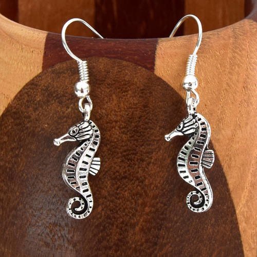 Boucles d'oreilles hippocampe argent tibétain, clips hippocampe argenté