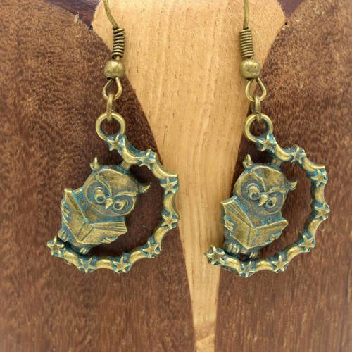 Boucles d'oreille hiboux savants, boucles oreilles bronze et turquoise animaux chouette 