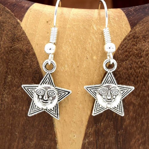 Boucles d'oreilles étoiles souriantes argentées, clips étoiles visages argentées 