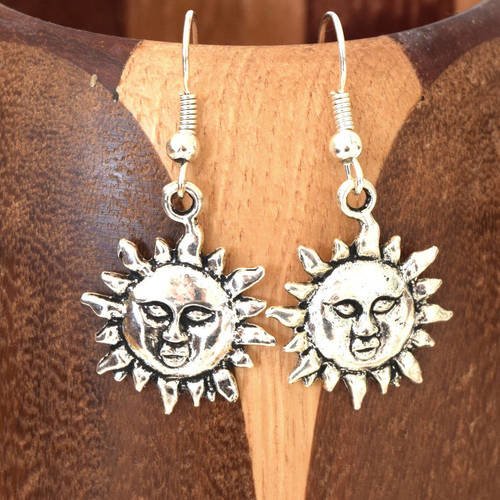 Boucles d'oreille soleil visage argentés, clips soleil et ses rayons argentés