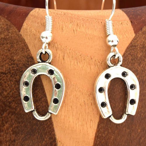 Boucles d'oreilles fer à cheval , porte bonheur argent vieilli 
