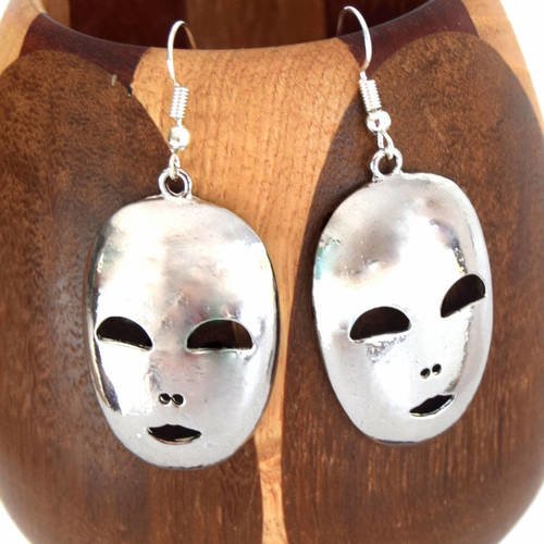Boucles d'oreilles masque argent brillant, clips masque argent vieilli 