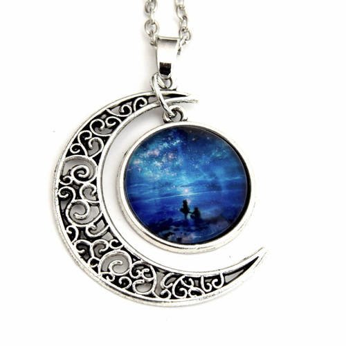 Pendentif cabochon croissant de lune argent  couleur bleu - pendendif croissant de lune cabochon océan