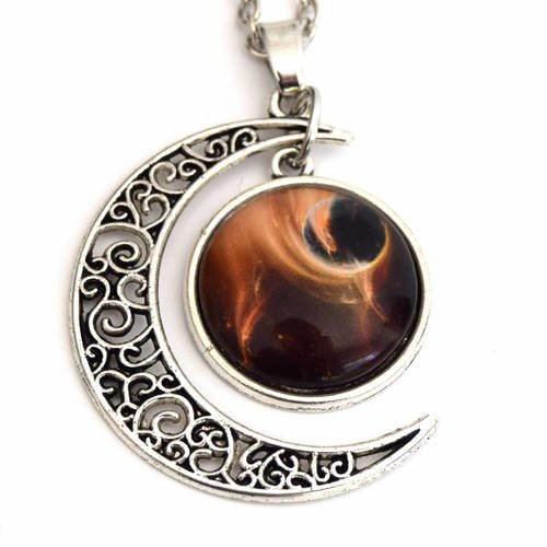 Pendentif cabochon croissant de lune argent  couleur marron - pendendif croissant de lune cabochon planète