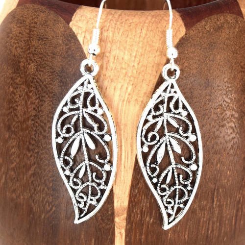 Boucles d'oreilles grandes feuilles argent tibétain filigranées patinées, clips grandes feuilles argent tibétain filigranées patinées