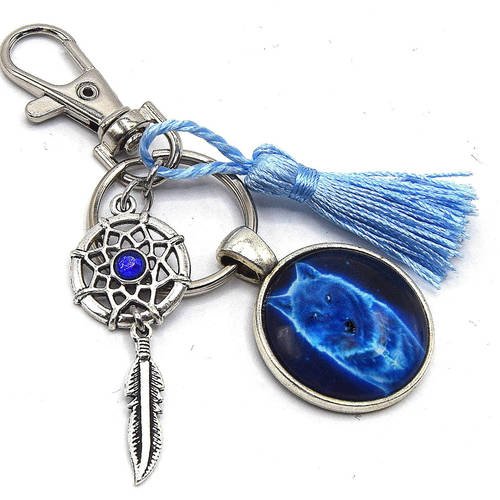 Porte-clés loup dream-catcher pompon bleu- chaîne porte-clés argent cabochon image loup bleu, plumes