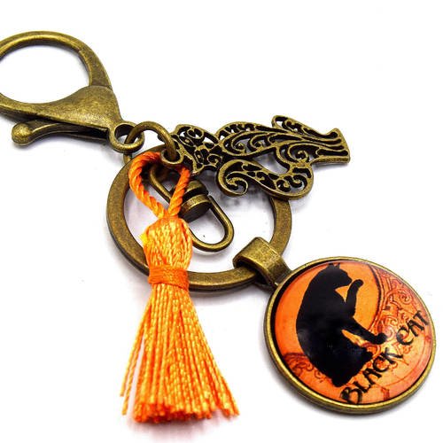 Porte-clés cabochon chat halloween pompon orange - chat noir, sorcellerie, porte clé en bronze cabochon orange et noir