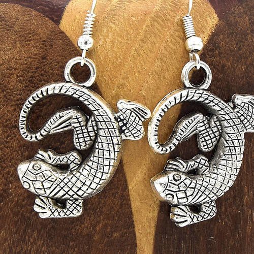 Boucles d'oreilles salamandre  argent vieilli, clips amphibien argent vieilli