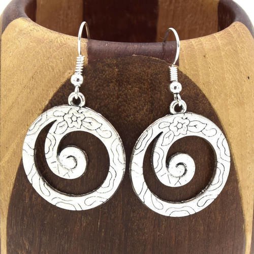 Boucles d'oreilles spirales rondes fleuries argent brillant, clips d'oreilles spirales
