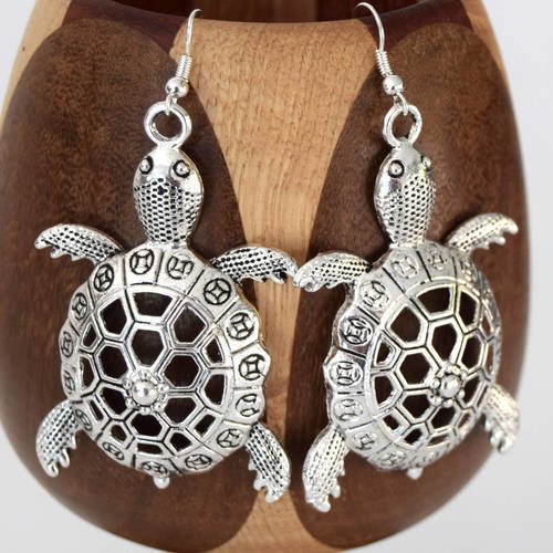 Boucles d'oreilles tortue de mer géante argent vieilli, clips tortue de mer argent vieilli