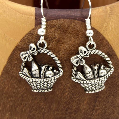 Boucles d'oreilles panier pique-nique argent vieilli, clips panier en osier argent vieilli
