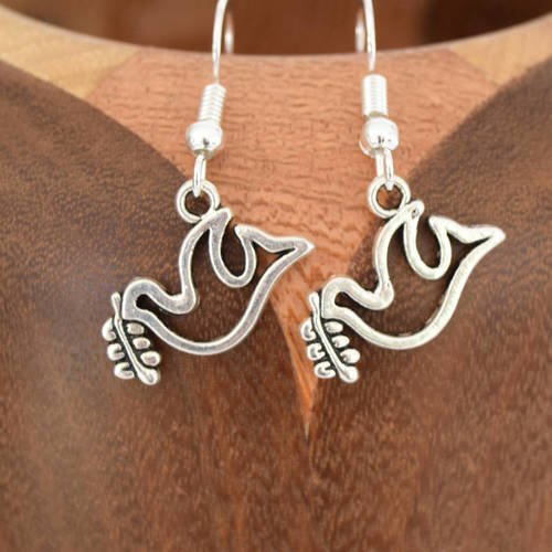 Boucles d'oreilles colombe de la paix argenté, clips oiseau colombe argenté 