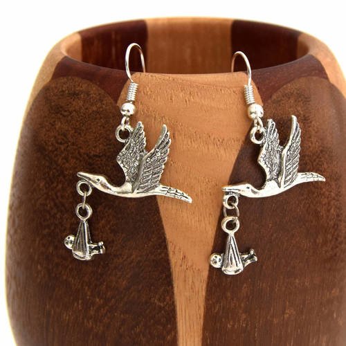 Boucles d'oreille cigognes et bébé à livrer argentés, clips oiseau argentés 
