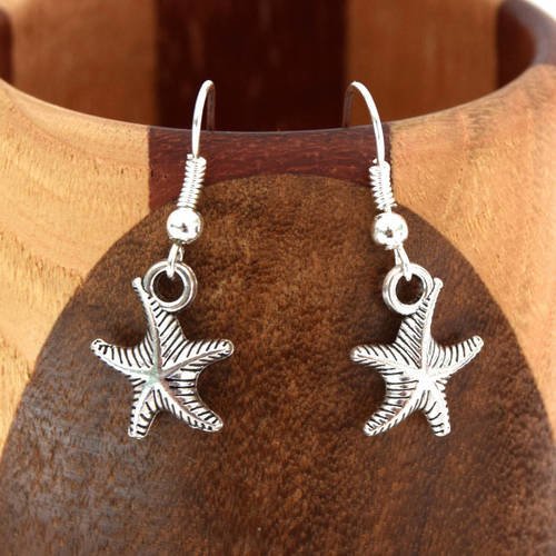 Boucles d'oreilles étoile de mer argent tibétain, clips étoile de mer argenté