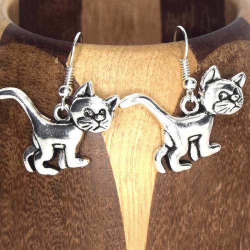 Boucles d'oreilles chat &quot;azraël&quot;argenté, clips chat de &quot;gargamel&quot; 