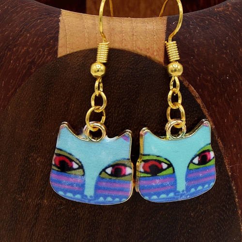 Boucles d'oreilles chat tigré bleu doré, clips tête de chat doré et bleu