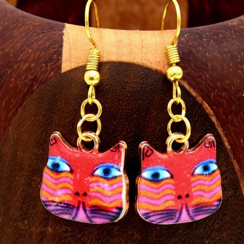 Boucles d'oreilles chat tigré rouge doré, clips tête de chat doré et rouge