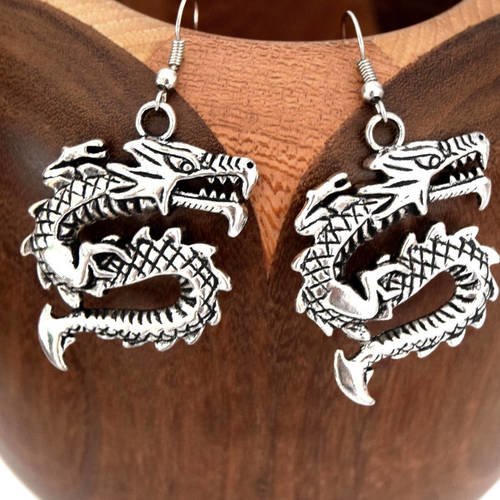 Boucles d'oreilles dragon chinois argent vieilli, clips dragon chinois argent vieilli