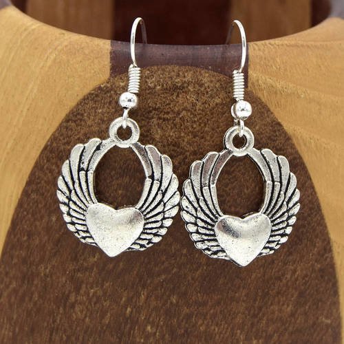 Boucles d'oreilles coeurs ailés argenté, clips coeur ailés argentés 