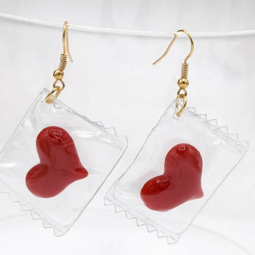 Boucles d'oreilles bonbon coeur rouge, bijoux sucrerie, bijoux fille