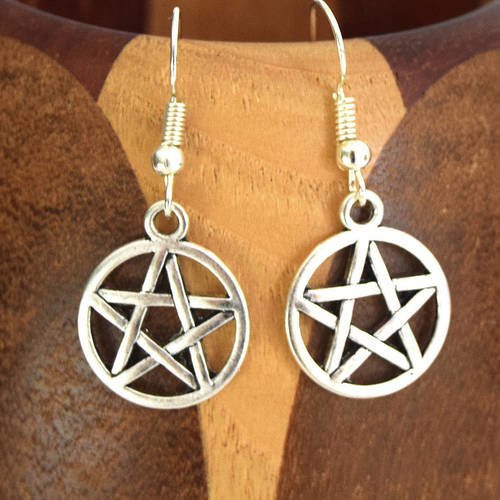 Boucles d'oreilles pentacle sorcière, boucles d'oreille étoile 5 branches argent 