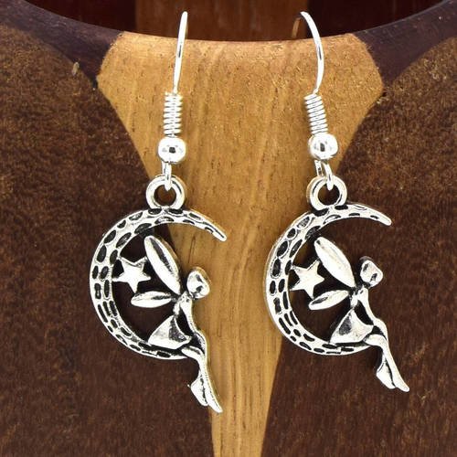 Boucles d'oreilles croissant de lune avec fée argent vieilli, bijoux fantaisies, bijoux enfants