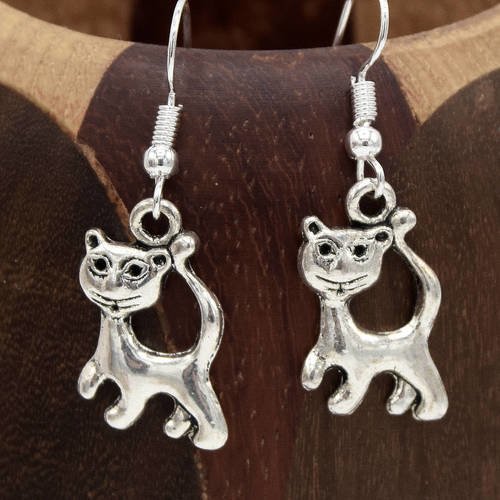 Boucles d'oreilles chat argenté, clips chat  argenté