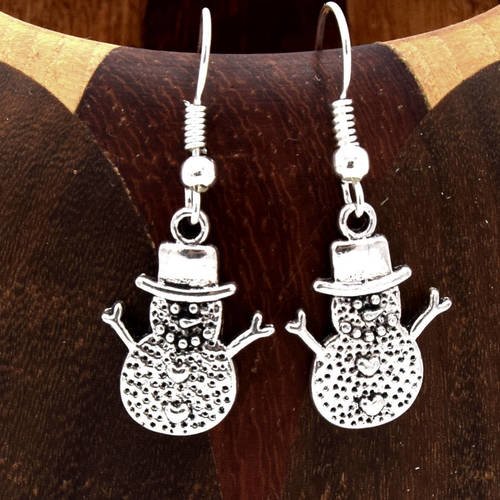 Boucles d'oreilles bonhomme de neige noël argentés, clips bijoux noël