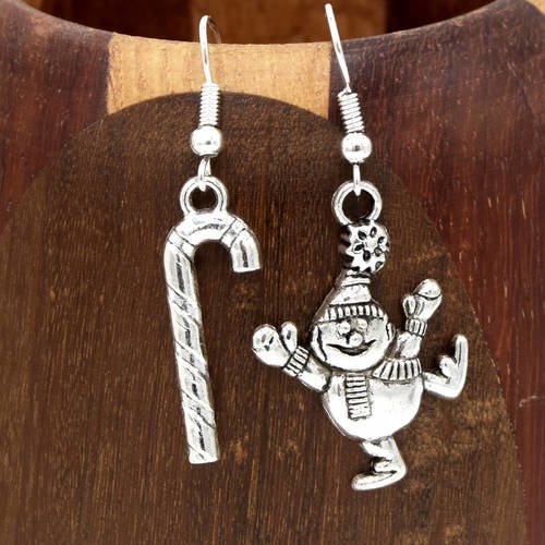 Boucles d'oreilles bonhomme de neige patineur et sucres d'orge de noël argentés, clips bijoux noël