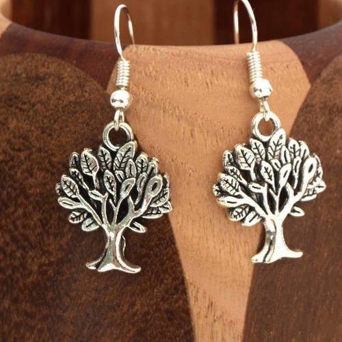 Boucles d'oreilles arbre de vie argentées, clips arbre de vie argentées
