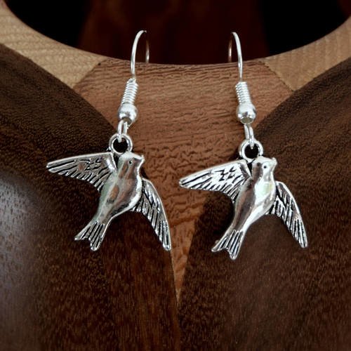 Boucles d'oreilles oiseau en vol argent vieilli, clips oiseau en vol argent vieilli 