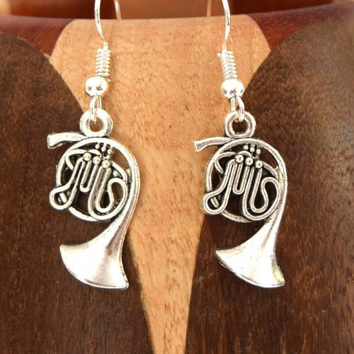 Boucles d'oreilles trombone argent vieilli, clips petit  trombone instrument de musique  argent vieilli