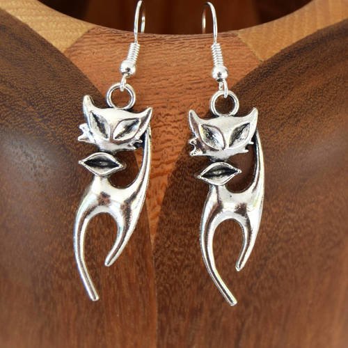 Boucles d'oreille chats arts déco argentés, clips chat arts déco argentés