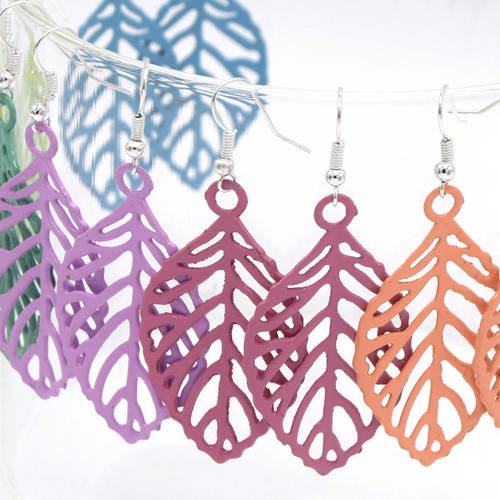 Boucles d'oreilles feuilles multicolore, feuille bleu, feuille rose, feuille verte, feuille saumon, feuille abricot, feuille anis