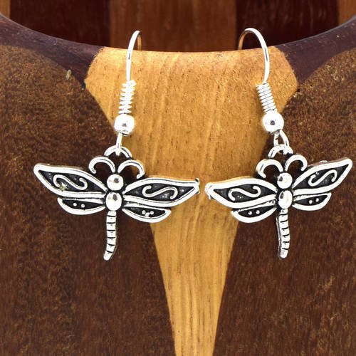Boucles d'oreilles libellules argent antique, clips étoiles libellule argent