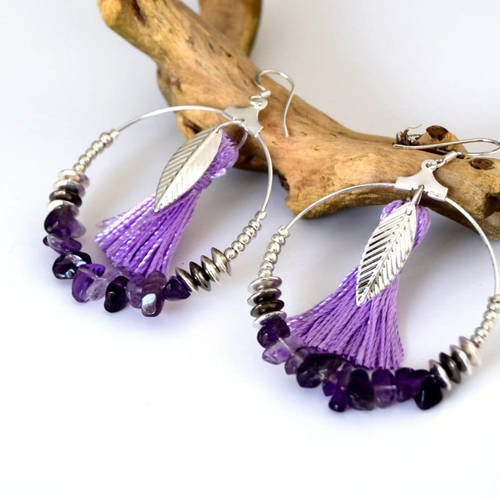 Créoles amethyste - boucles d'oreilles - gemstone earrings - sliver plated hoops