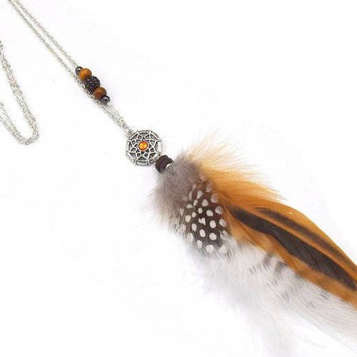 Sautoir pendentif plumes naturelles dream-catcher, collier pendentif plume, bijoux amérindien, collier bohème, ethnique, collier en plumes