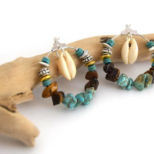 Créoles pierres turquoise agate et coquillages cauris, argentées 30mm, bijoux plage, bijoux été