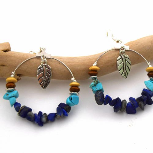 Créoles feuille argenté pierres naturelles lapis-lazuli et turquoise - boucles d'oreilles boho anneau argent - créoles en pierre semi