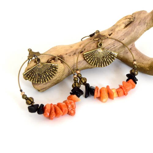 Créoles corail éventail - boucles d'oreilles - gemstone earrings - gold plated hoops
