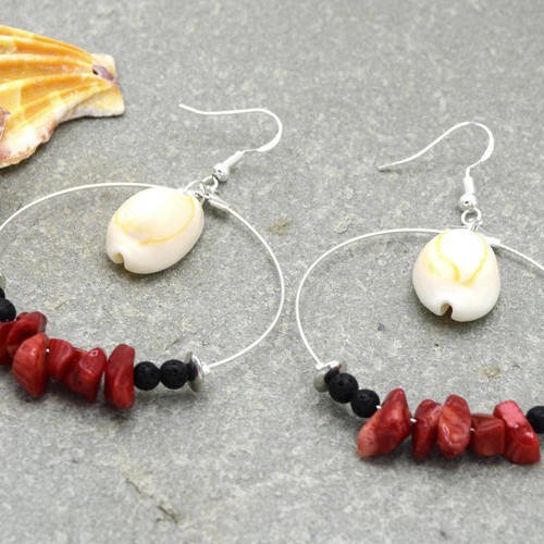 Créoles corail coquillages cauris, argentées 45mm,hoops coral shells cowries, silver 45mm, beach