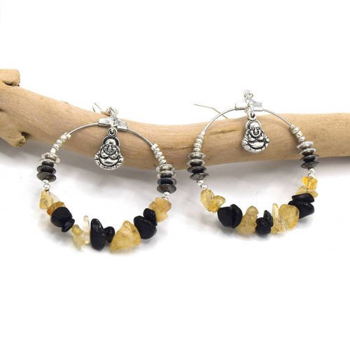 Créoles bouddha pierres naturelles onyx et citrine - boucles d'oreilles boho anneau argent - hoops en pierre semi précieuses