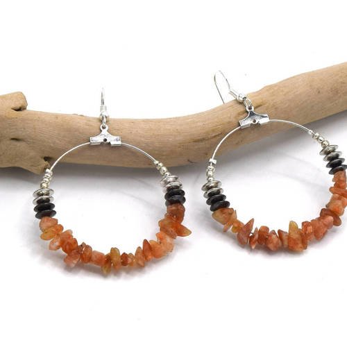 Créoles argenté pierres naturelles quartz - boucles d'oreilles boho anneau argent - hoops pierres naturelles