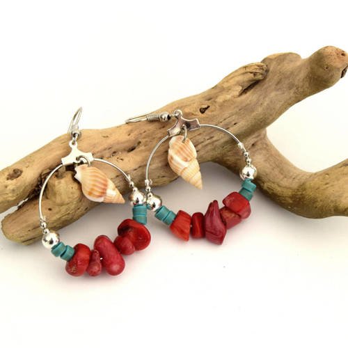 Créoles corail, turquoise et coquillage, argentées 30mm, hoops, bijoux plage, bijoux été