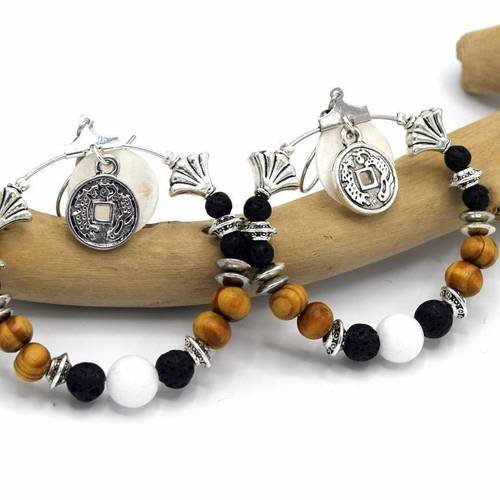 Créoles feng shui pierre naturelles et bois - boucles d'oreilles boho anneau argent - hoops en perles de lave noire et bois,