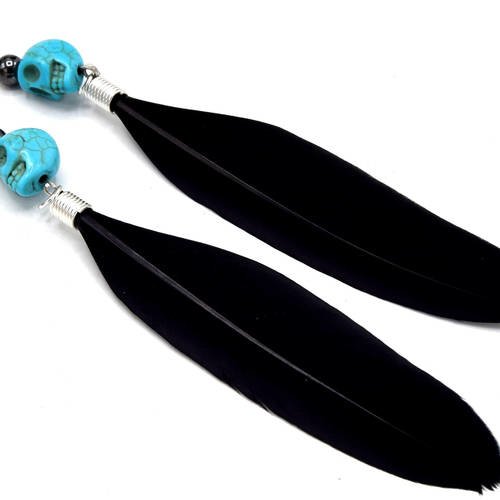 Boucle d'oreille plumes noire tête de mort; boucle d'oreille halloween, boucle d'oreille tête de mort, plume macabre