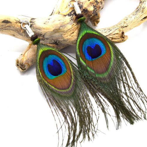 Boucles d'oreilles plumes de paon nhiòte, bijoux amérindiens, boucles oreilles ethniques,